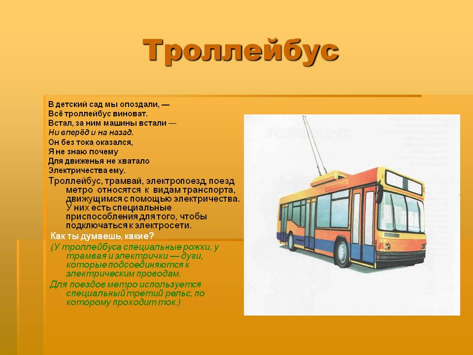 Троллейбус характеристики. Стихи про троллейбус для детей. Части троллейбуса для детей. Сообщение про троллейбус. Троллейбус для дошкольников.